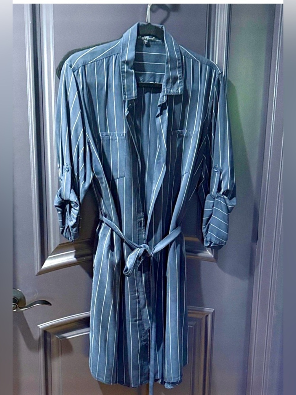 Navy & white button down dress coverup, 3/4 or long sleeves, eco-friendly tencel